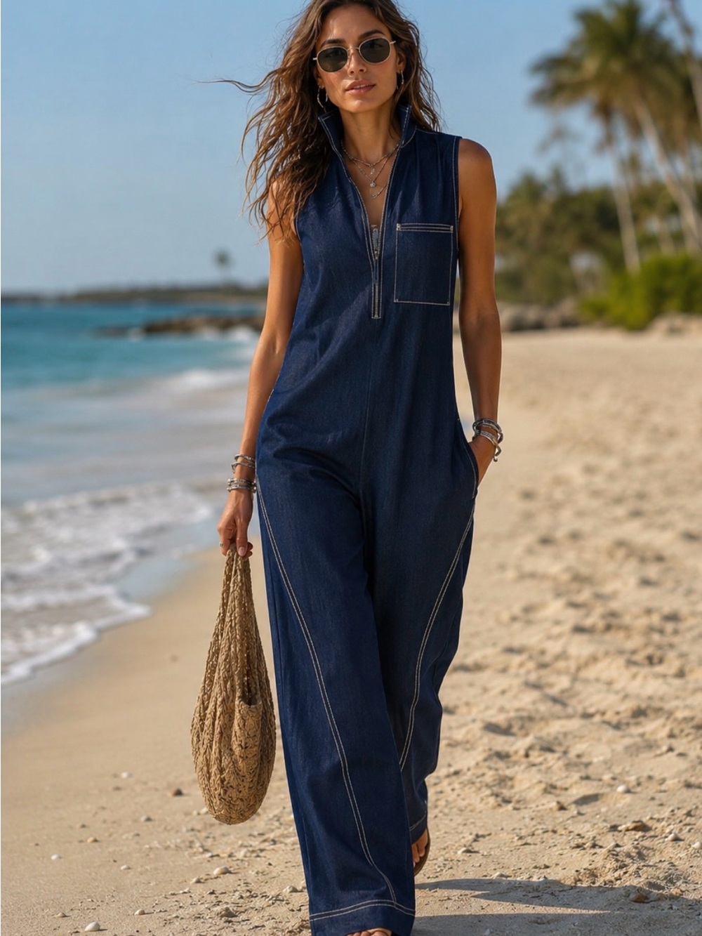 Sleeveless Navy Zip-Front Jumpsuit